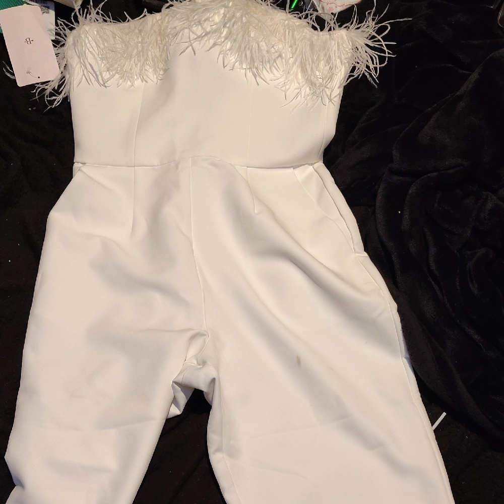 SAYLOR White Jumpsuit with Textured Fabric and Fluffy Trim